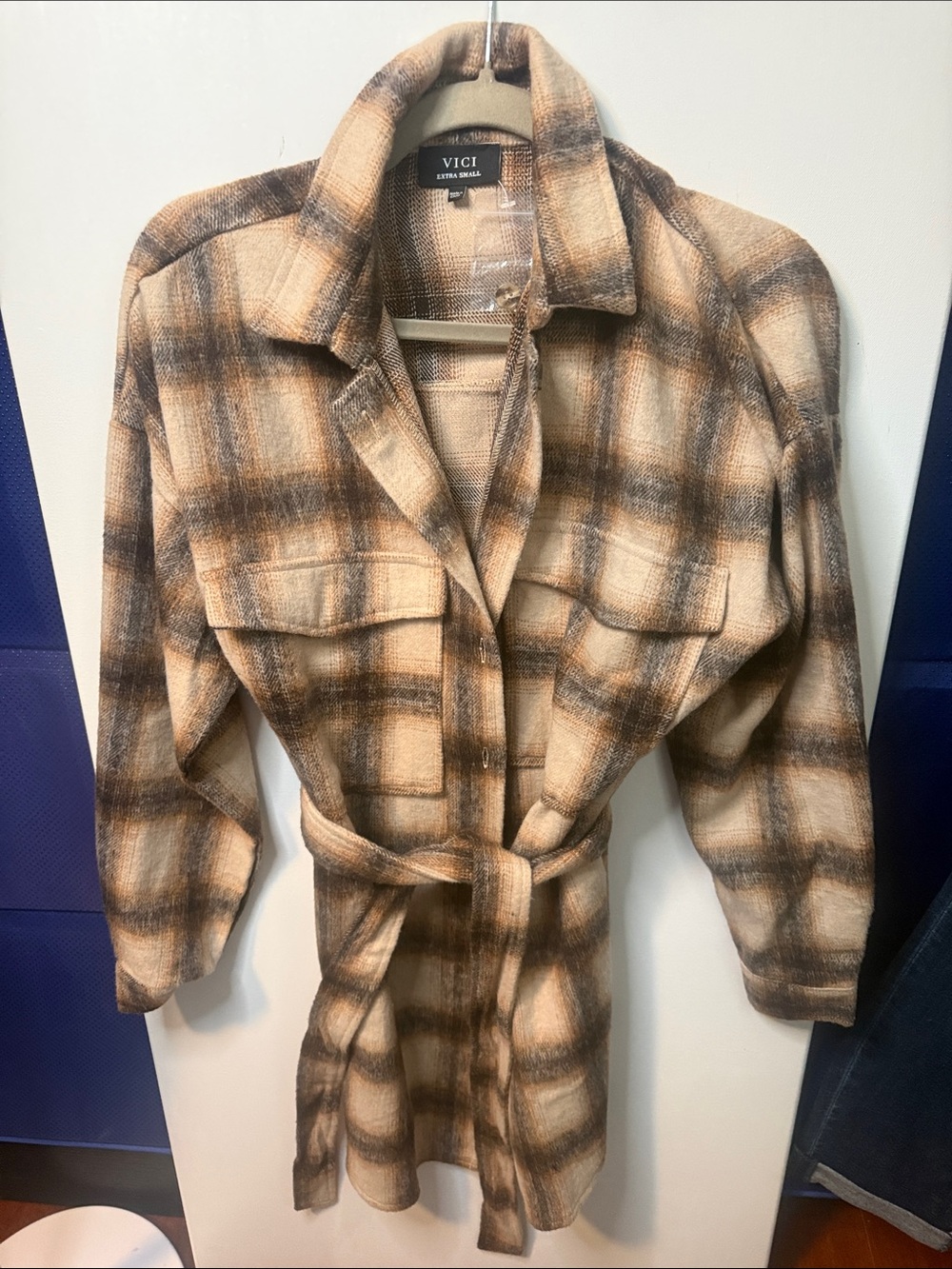 VICI Plaid Belted Shacket in Tan and Brown Tones